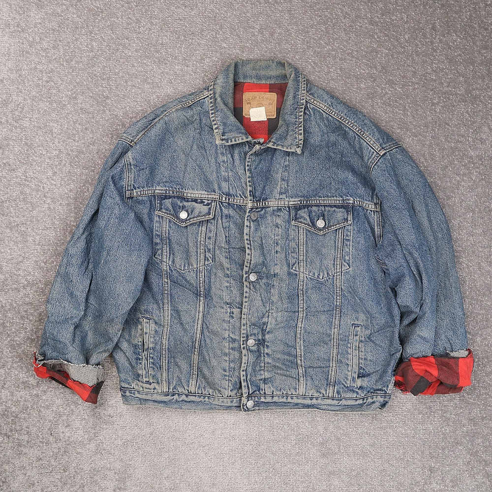 VTG GAP Buffalo Plaid Lined XL Blue Medium Wash Denim Button Jean Jacket